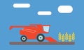 Combine harvester icon in the field of wheat ears. Flat vector illustration. Agriculture concept